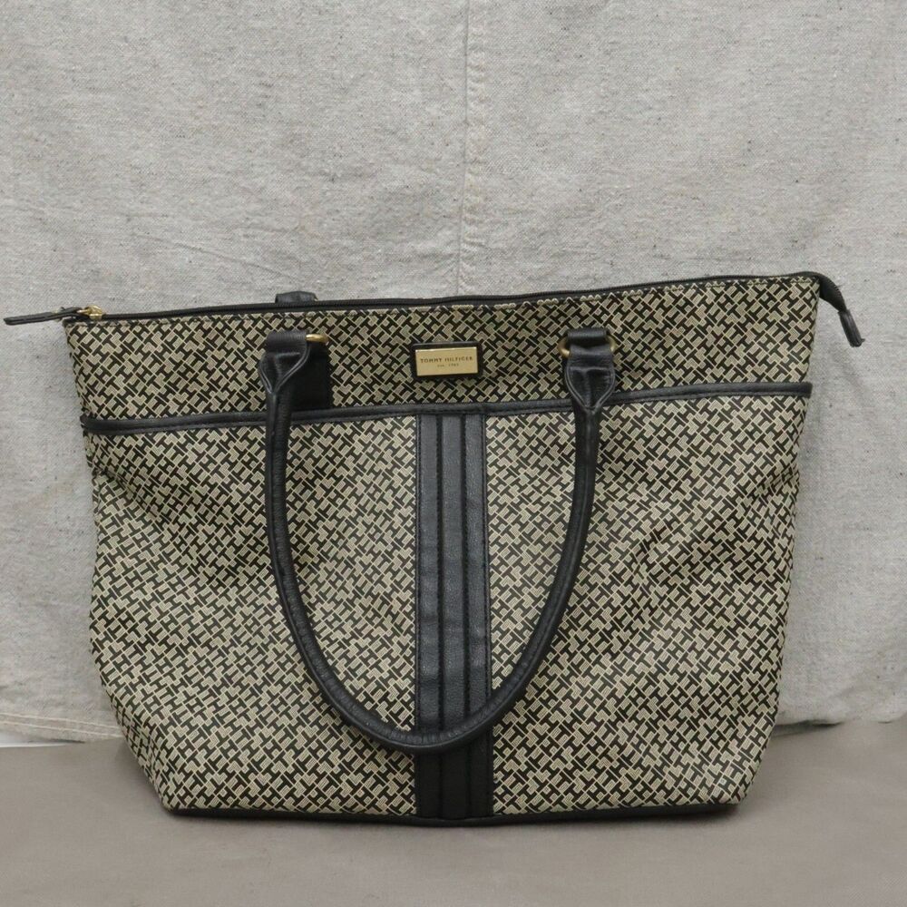Tommy Hilfiger Women's Shoulder Bag Handbag Purse Logo Fabric Black Cream